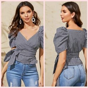 NWOT Gingham Puff Sleeve Wrap Blouse